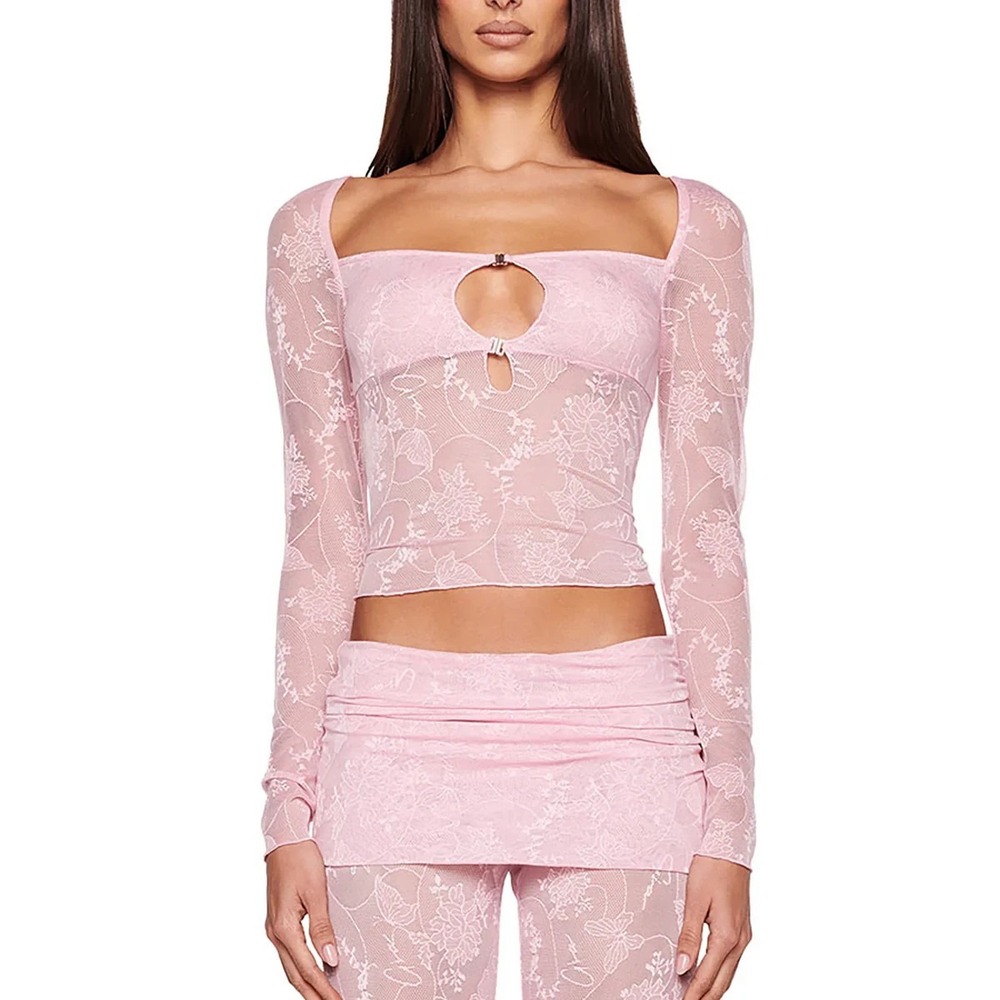 I AM GIA Nalliah Lace Mesh Sheer Top Womens XS Pink Coquette 90's Y2K Sexy Club